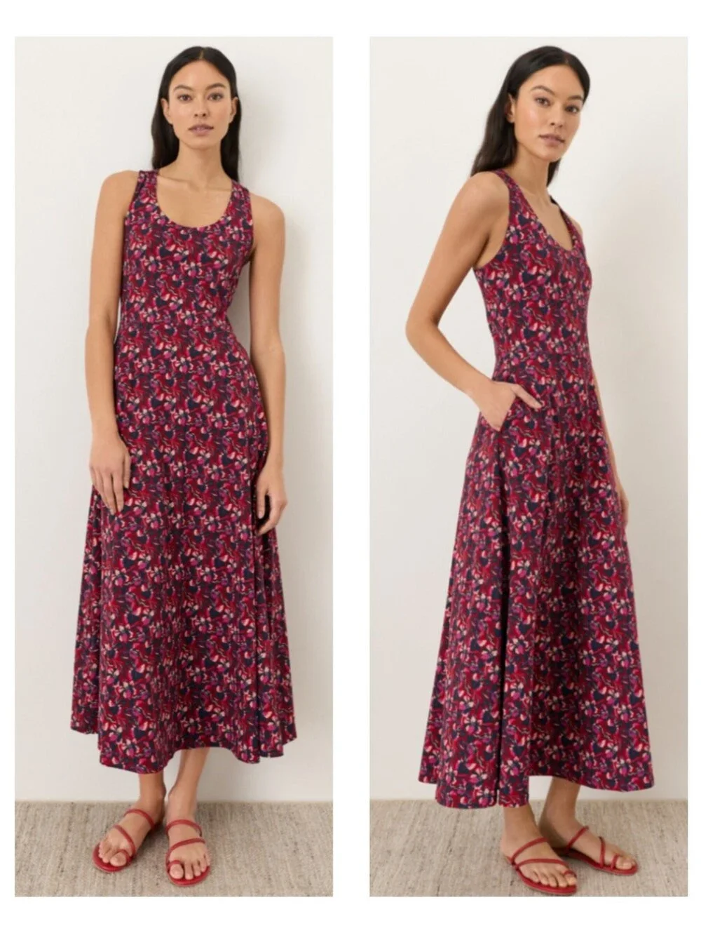 PACT Paradise Petals Poppy Red Organic Fit & Flare Maxi Dress - Picture 2 of 4